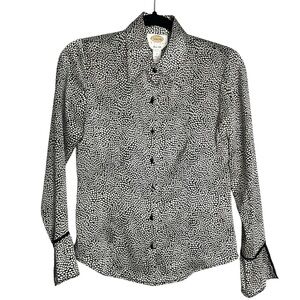 Talbots Vintage 100% Silk Black & White Print Long Sleeve Button Up Blouse, sz 2